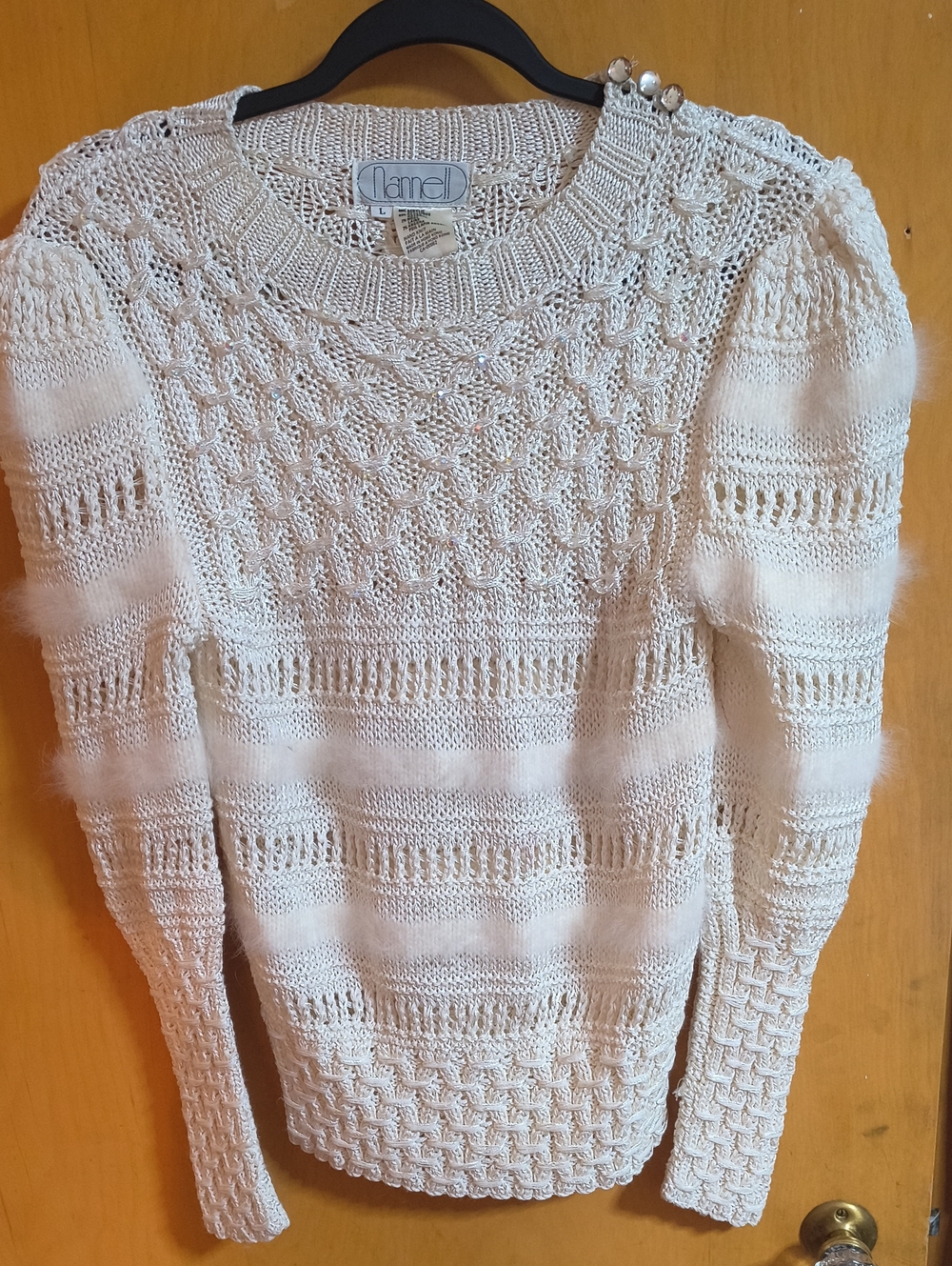 Chantelle Cream Openwork Knit Crewneck Sweater with Shoulder Buttons